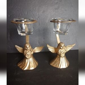 2 Vintage 6" Solid Brass Angel Figurine Halo Candle Holders with Libbey Glass
